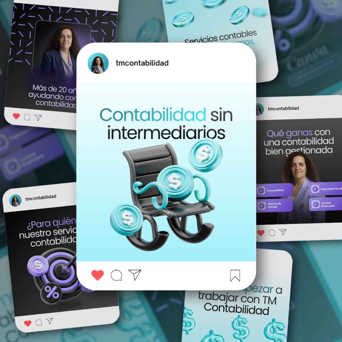 Publicaciones de Instagram diseñadas para TM Contabilidad con el lema «Contabilidad sin intermediarios»